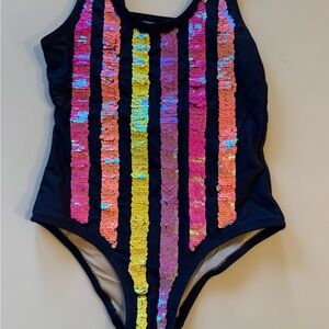 Shade Critters Girls' One-Piece Swimsuit with Rainbow Sequin Flippy Stripes